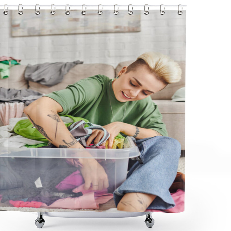 Personality  Young And Happy Woman Sorting Second-hand Garments In Plastic Container, Decluttering Clothes, Reducing Wardrobe, Trendy Hairstyle, Tattoo, Sustainable Living And Mindful Consumerism Concept Shower Curtains