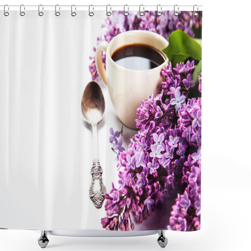 Personality  Black Coffee In A Cup, A Spoon And Fresh Lilac Flowers Shower Curtains