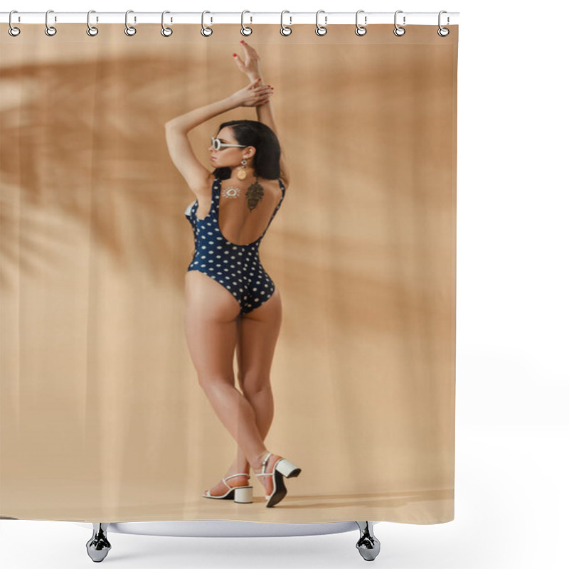 Personality  Sexy Brunette Woman In Polka Dot Swimsuit And Sunglasses Posing On Beige Background Shower Curtains