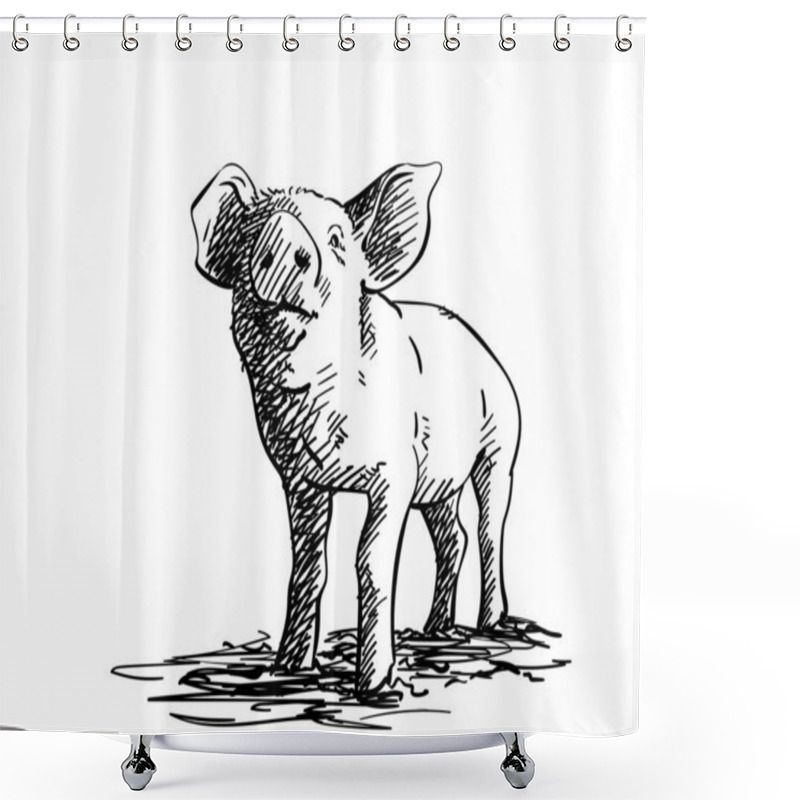 Personality  Sketch Of Pig, Hand Drawn Vector Illustration With Hatched Shades Shower Curtains