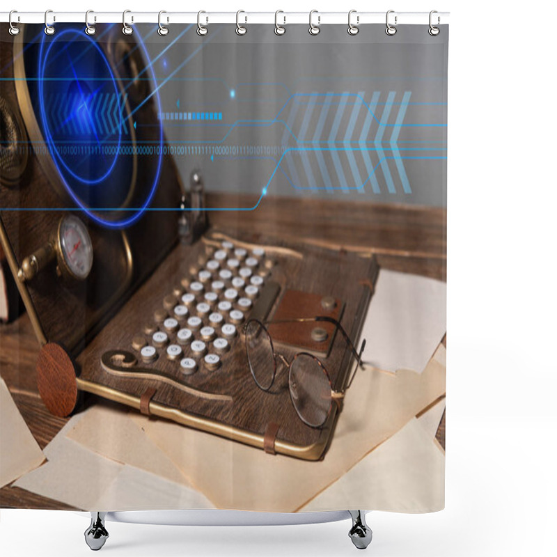 Personality  Steampunk Laptop With Digital Illustration, Glasses And Documents On Wooden Table Isolated On Grey Shower Curtains