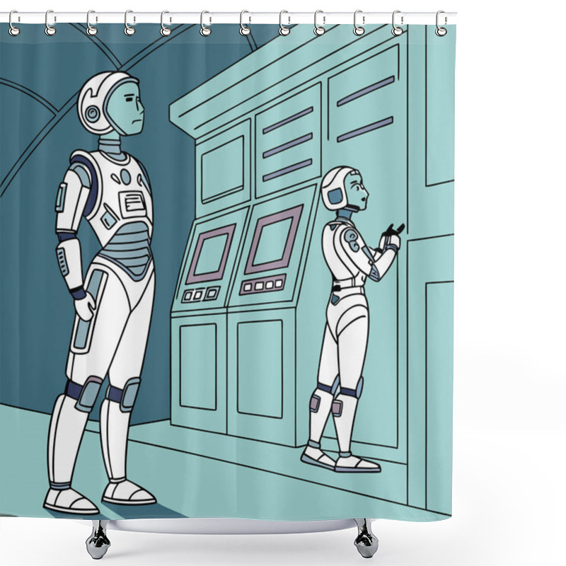 Personality  Minimalist Silhouettes Of Humanoid Robots, Representing Advanced AI Technology, Futuristic Innovation, And The Evolving Role Of Robotics In Human Life. Perfect For Sci-fi Projects, Tech Branding, And AI-themed Visuals. Shower Curtains