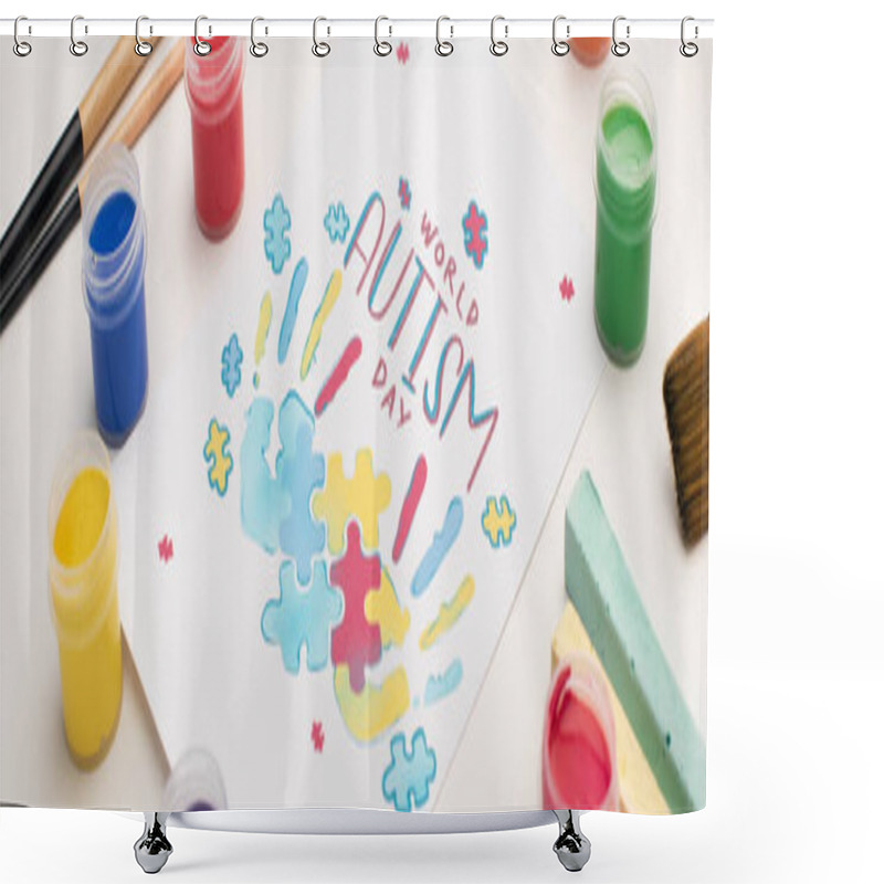 Personality  Panoramic Shot Of Card With World Autism Day Lettering And Painting Of Puzzle And Hand Prints On White With Paint Brushes, Chalks And Paints Shower Curtains