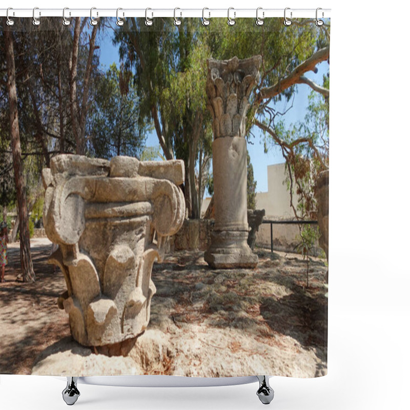 Personality  Close-up Of Ancient Corinthian Capitals And A Standing Column Amid Historic Ruins, Surrounded By Trees And Nature. Shower Curtains