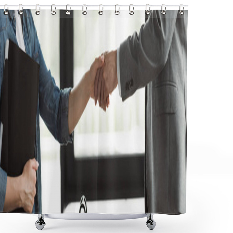 Personality  Cropped View Of Woman With Resume Shaking Hand Of Businessman In Suit In Office, Banner  Shower Curtains