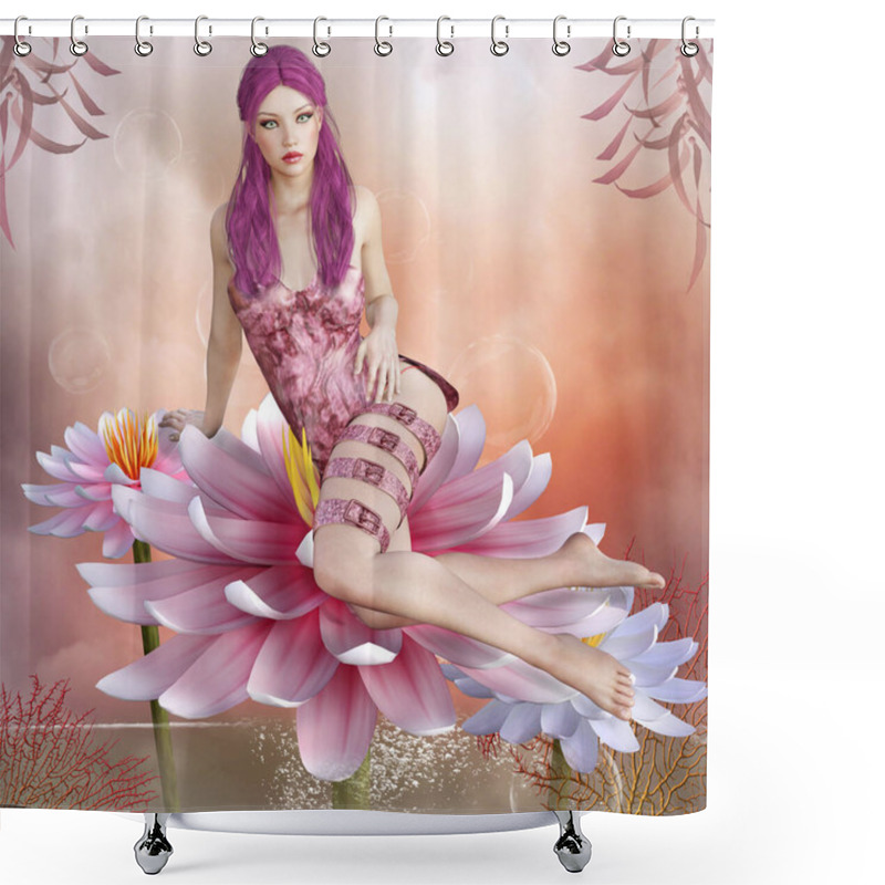 Personality  Fantasy Girl Sitting On A Flower In A Pink Scenery With Corals Shower Curtains