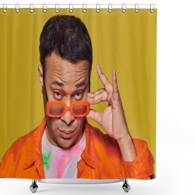 Personality  Self-expression Concept, Confident Indian Man Adjusting Orange Sunglasses On Yellow Backdrop Shower Curtains