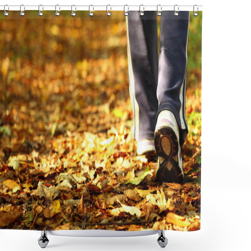 Personality  Woman Walking Cross Country Trail In Autumn Forest Shower Curtains