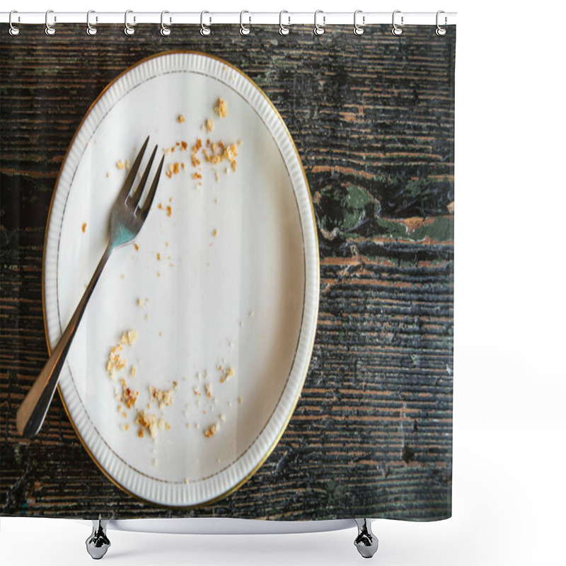 Personality  Conceptual Image Of The End Of The Holiday Is An Empty Plate With Crumbs And A Fork On It. Shower Curtains