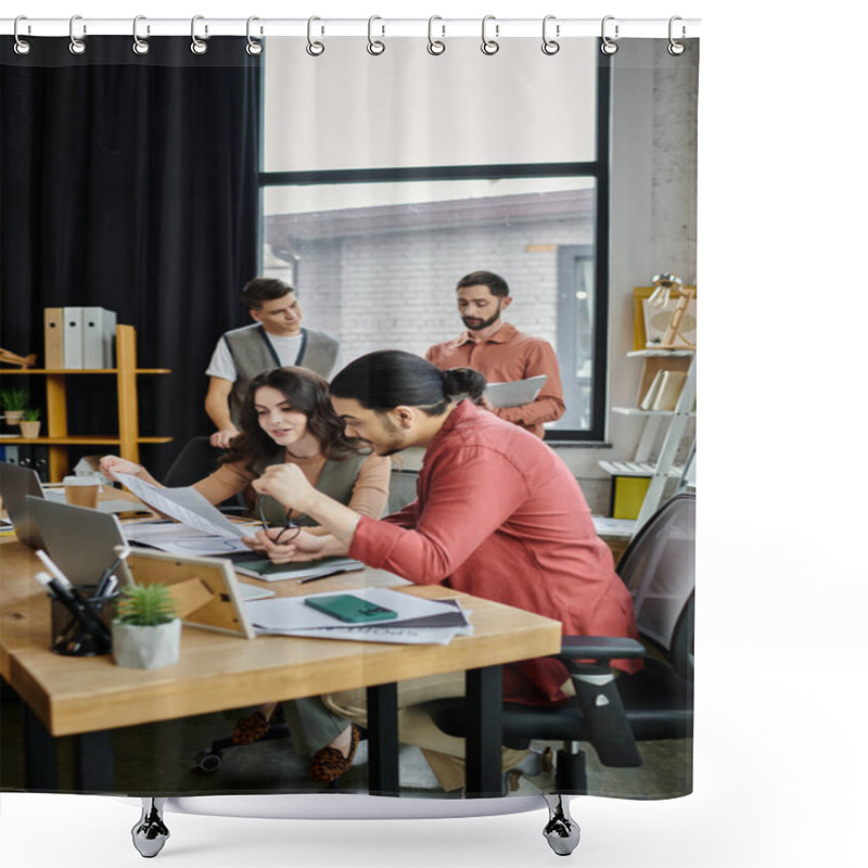 Personality  Team Members Engage In Candid Conversation In Office. Shower Curtains