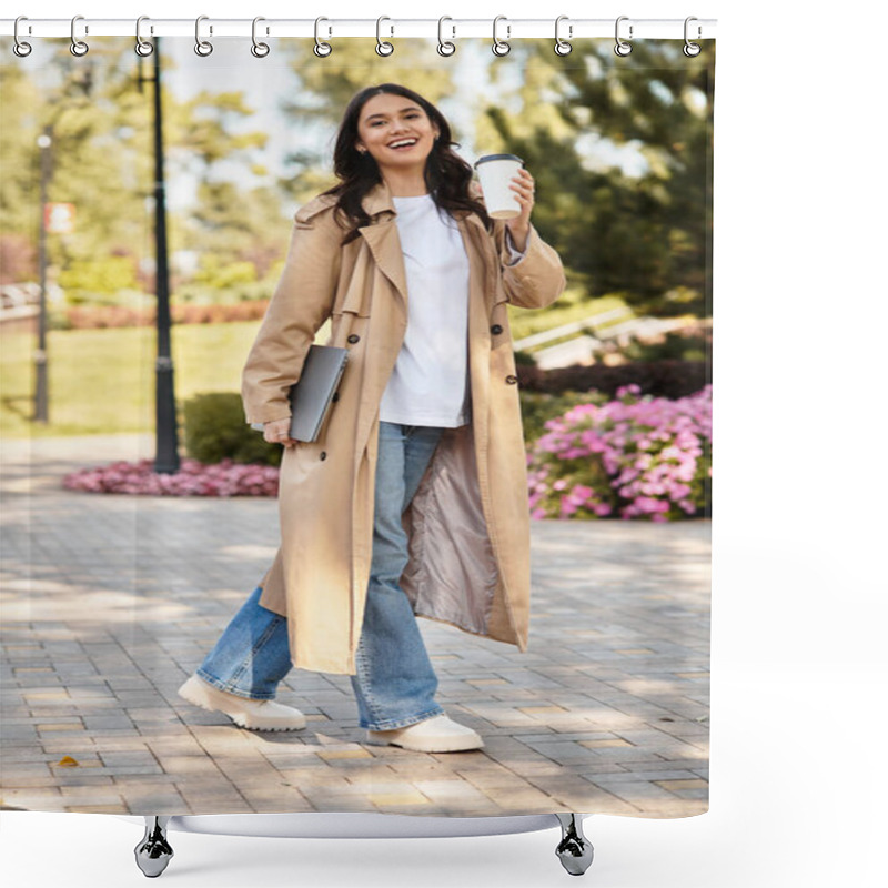 Personality  Wrapped In Cozy Attire, The Woman Strolls Through A Picturesque Park, Sipping A Warm Beverage. Shower Curtains