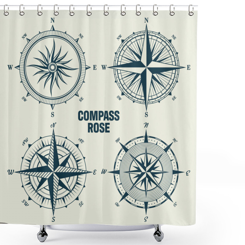 Personality  Vintage Marine Wind Rose, Nautical Chart. Monochrome Navigational Compass With Cardinal Directions Of North, East, South, West. Geographical Position, Cartography And Navigation. Vector Illustration. Shower Curtains