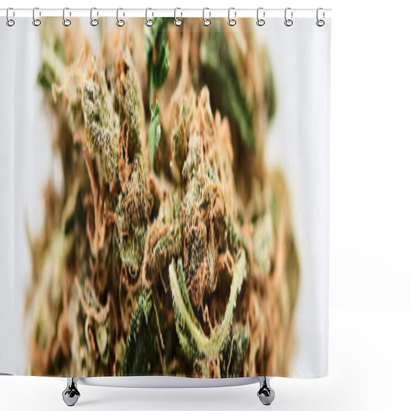 Personality  Close Up View Of Natural Marijuana Bud Isolated On White, Panoramic Shot Shower Curtains