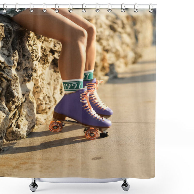 Personality  A Young Woman Sits On A Stone Wall With Her Roller Skates On, Enjoying The Miami Sunset. Shower Curtains