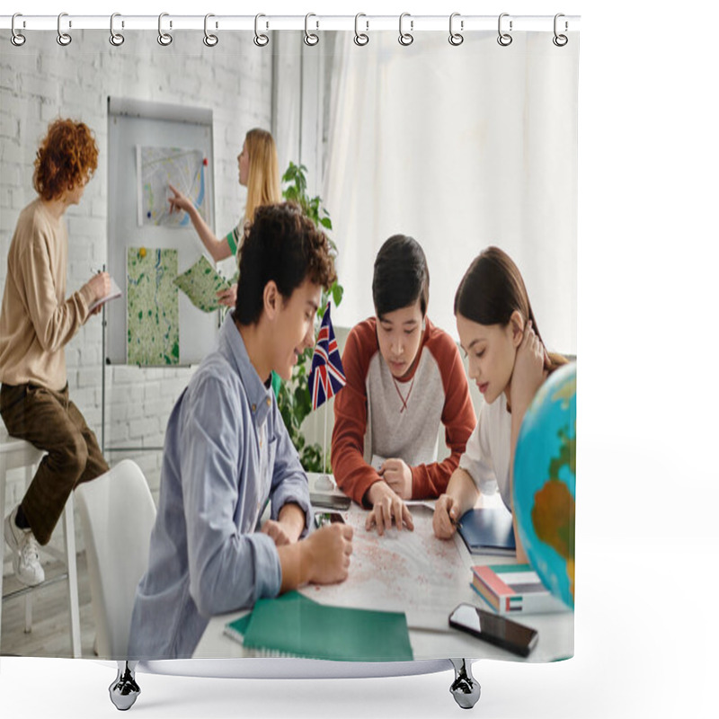 Personality  Teenagers Gather Around A Table, Studying A Map During A UN Model Session. Shower Curtains