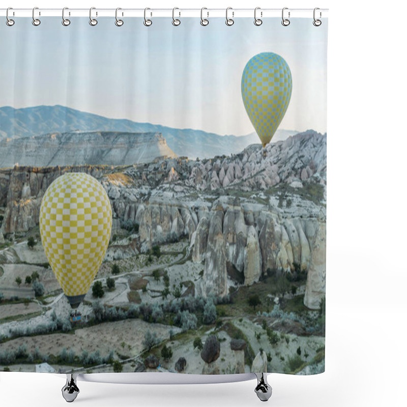 Personality  Front View Of Two Hot Air Balloons Flying Over Stone Formations In Valley Of Cappadocia, Turkey Shower Curtains