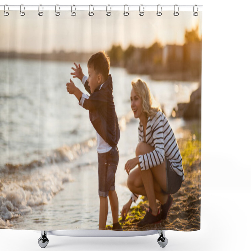 Personality  Beautiful Woman With A Child On The Beach. Shower Curtains