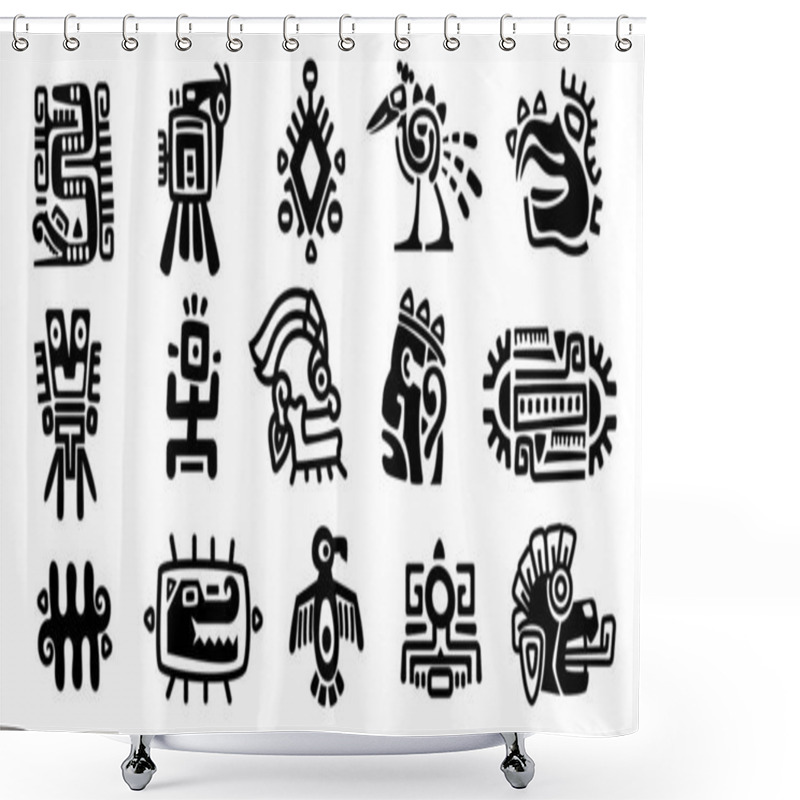 Personality  Mayan Symbols. Ancient Civilization Religious Totem Characters, Monochrome Icons Of Mexican Indian Aztec Inca Indigenous. Vector Isolated Set. Different Tribal Shapes, Animals And Masks Shower Curtains