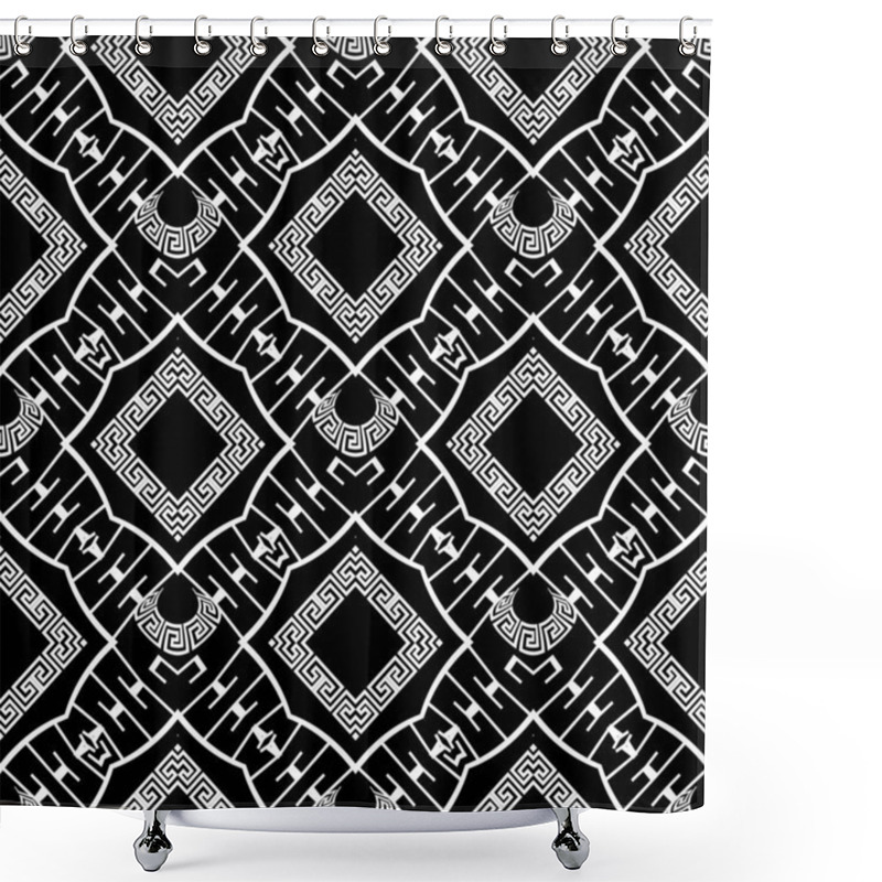 Personality  Greek Vector Seamless Pattern. Ornamental Geometric Ethnic Tribal Style Monochrome Background. Repeat Abstract Trendy Black And White Backdrop. Geometric Modern Ornate Greek Key Meanders Ornaments Shower Curtains