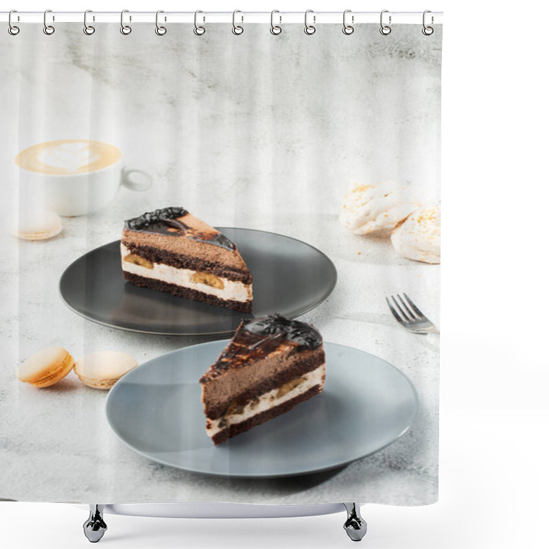 Personality  Banana Chocolate Cake On Gray Plate On Marble Background. Selective Focus. Vertical Photo. Menu For Bakery. Cafe Menu. Pastry. Delicious And Sweet Dessert At Cafe Restaurant. Shower Curtains