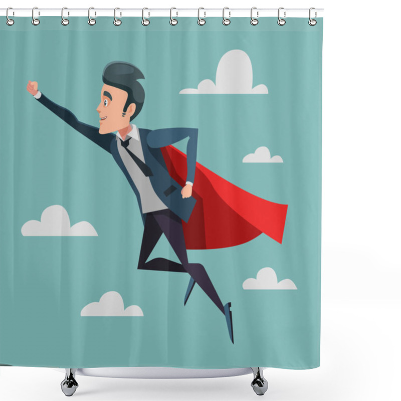 Personality  Super Businessman In Red Cape Flying To Success. Business Superhero. Vector Illustration Shower Curtains