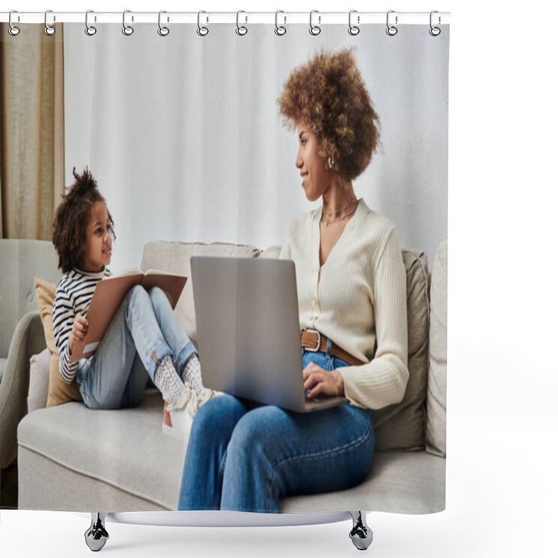 Personality  Happy African American Mother And Daughter Sitting On A Couch, Using A Laptop Together At Home. Shower Curtains