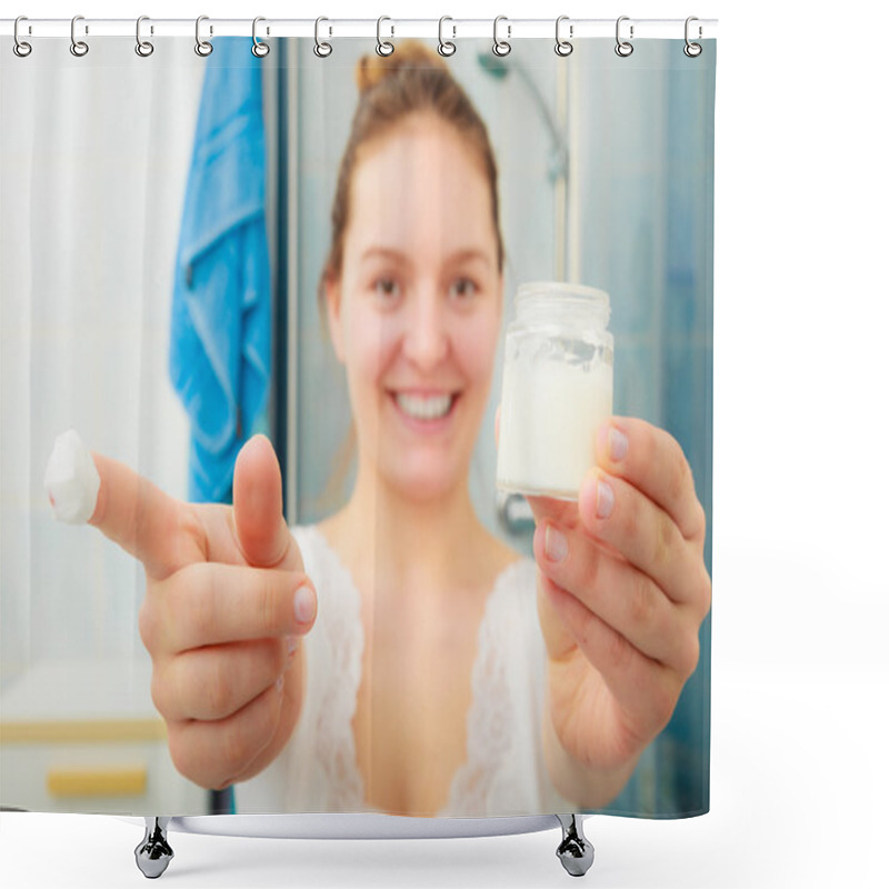 Personality  Woman With Moisturizing Skin Cream. Skincare. Shower Curtains