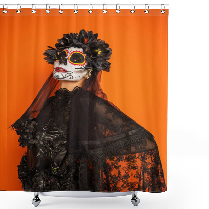 Personality  Woman In Catrina Makeup And Black Costume With Wreath And Veil Looking At Camera Isolated On Orange Shower Curtains