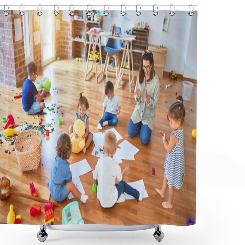 Personality  Beautiful Teacher And Group Of Toddlers Sitting On The Floor Drawing Using Paper And Pencil Around Lots Of Toys At Kindergarten Shower Curtains