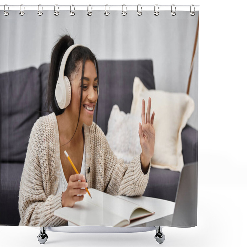 Personality  A Young Woman Engages In Remote Learning From Her Cozy Home Setting, Smiling And Focused. Shower Curtains