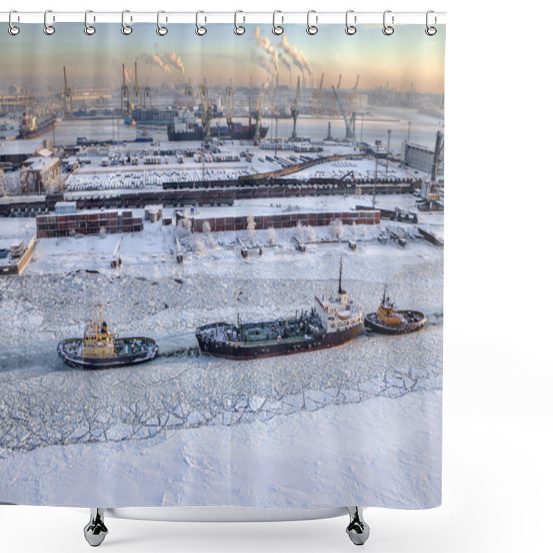 Personality  Top View Of Icebound Sea Channel, Commercial Port Saint-Petersburg, Russia. Shower Curtains