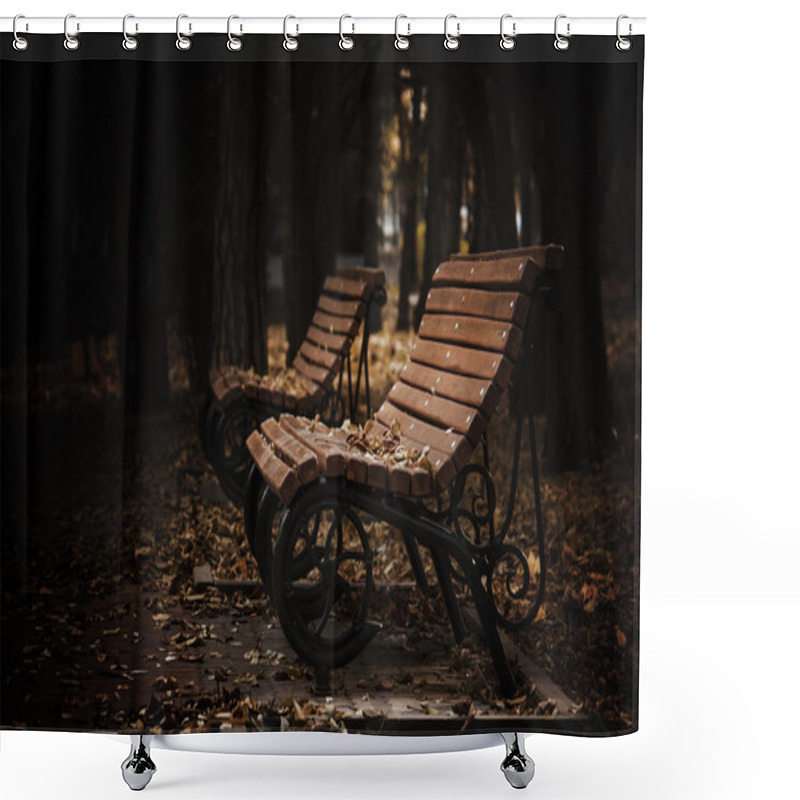 Personality  Empty Wooden Bench In A Dark Evening Autumn Park  Shower Curtains