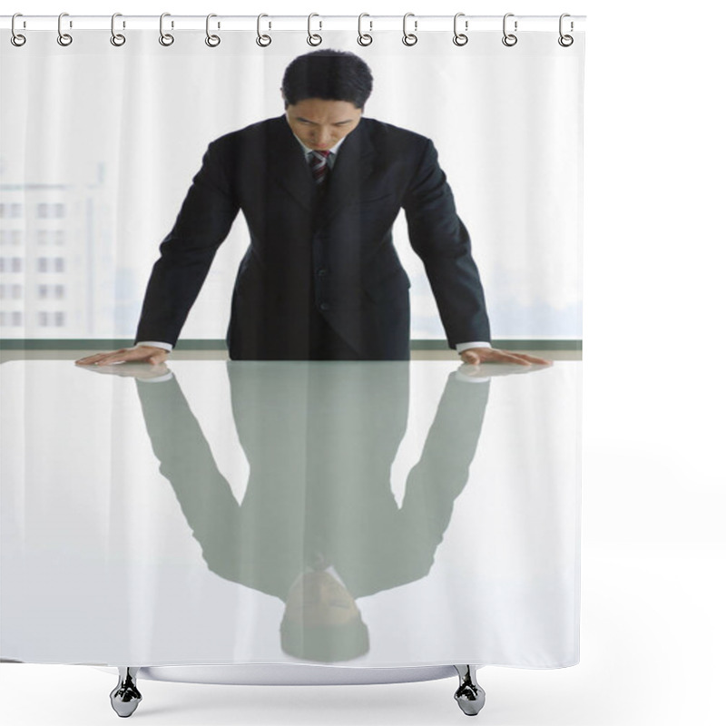 Personality  Businessman Standing With Hands On Table Shower Curtains