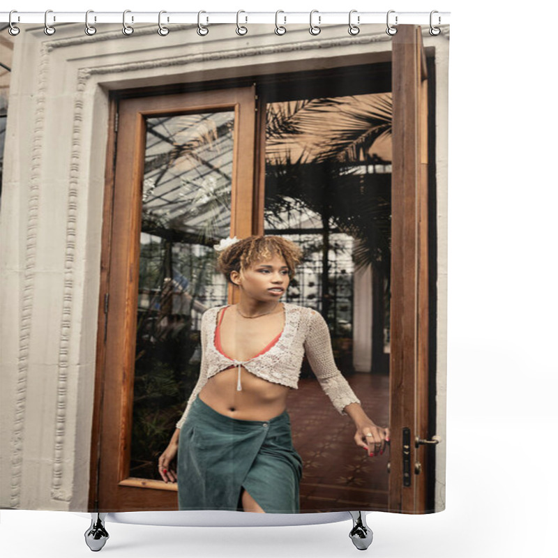 Personality  Confident Young African American Woman In Knitted Top And Summer Outfit Looking Away While Standing Near Open Door Of Indoor Garden, Fashionable Woman Enjoying Summer Vibes Shower Curtains