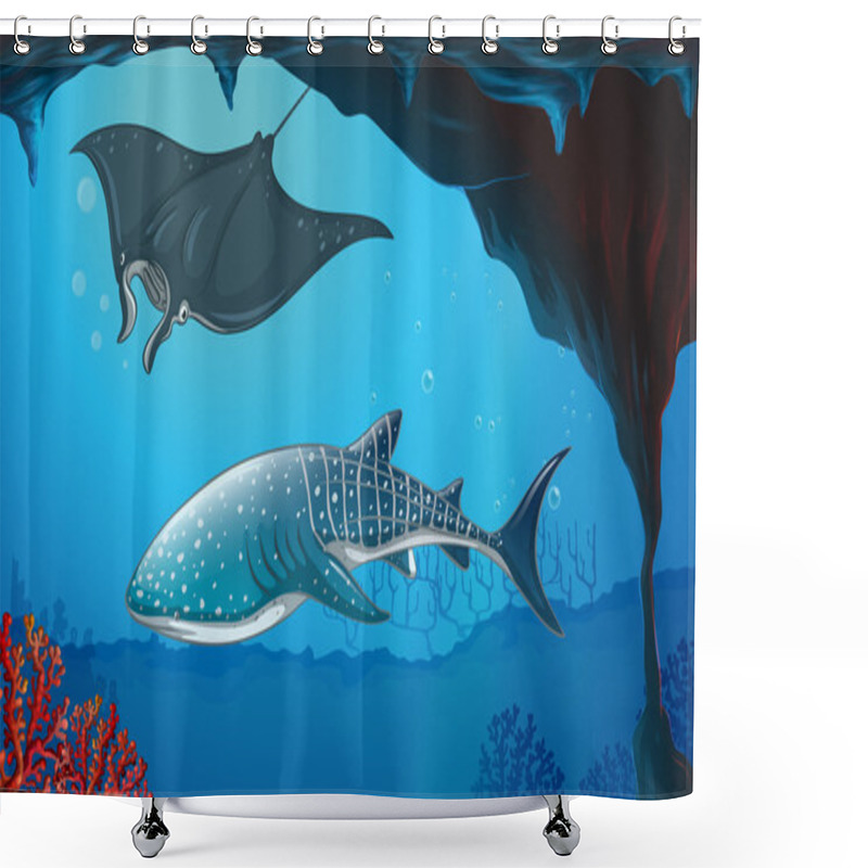 Personality  Shark And Stingray Swimming Underwater Shower Curtains