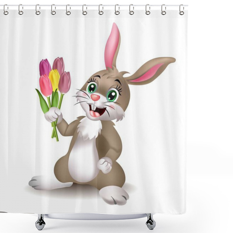 Personality  Cute Rabbit Holding Tulips Flowers Vector. Happy Bunny With A Bouquet Shower Curtains