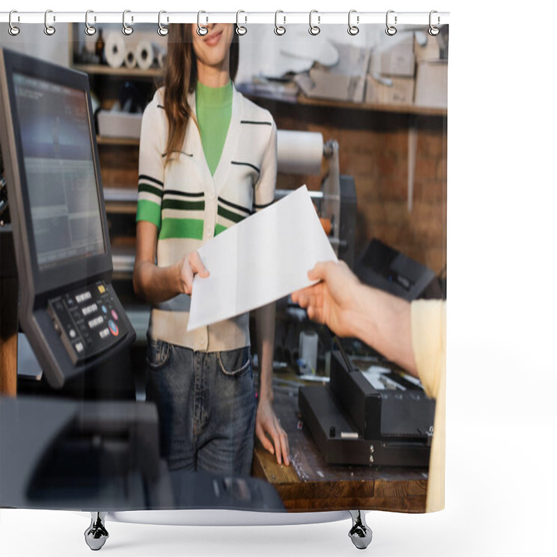 Personality  Cropped View Of Happy Publisher Giving Blank Paper To Colleague In Print Center  Shower Curtains