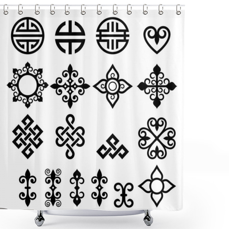 Personality  Mongolian Traditional Vector Design Elements Set With Symbols, Flowers, And Geometric Or Celtic Shapes, Oriental Folk Art Style Patterns Collection Shower Curtains