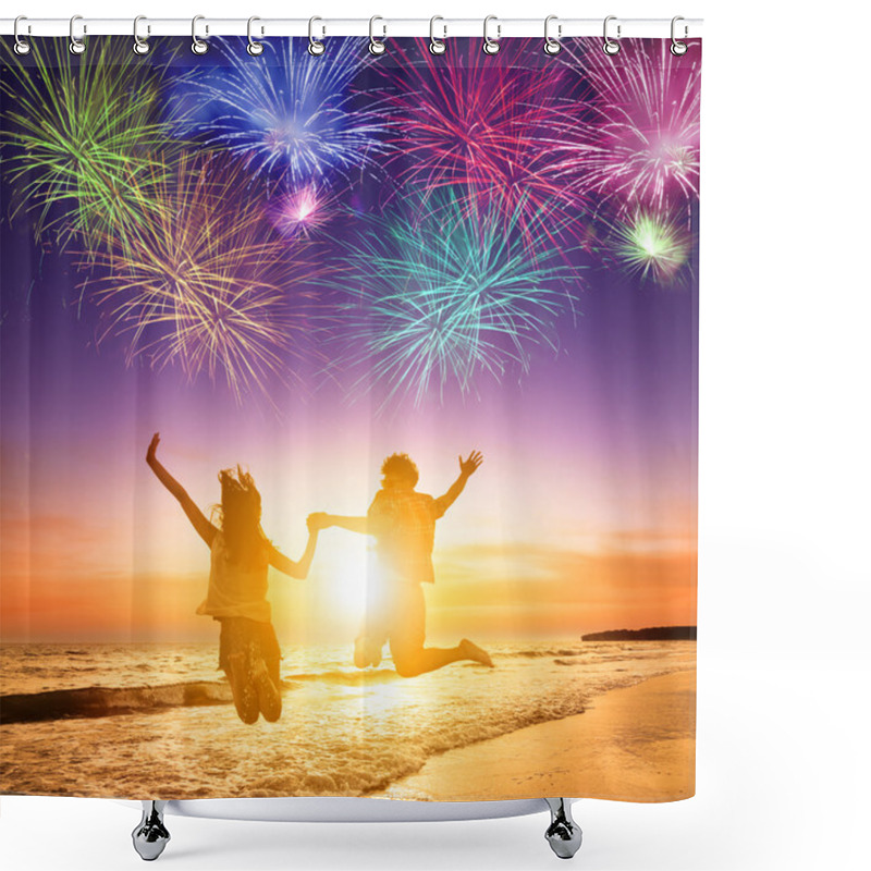 Personality  Young Couple Jumping On The Beach With Fireworks Background Shower Curtains