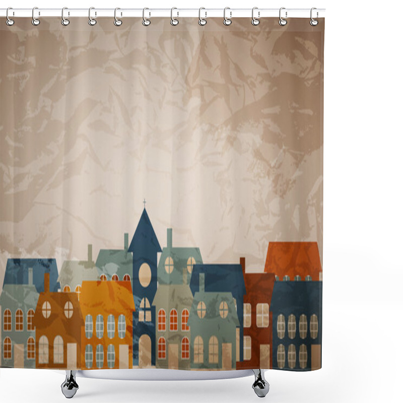 Personality  Card With A Beautiful Little Town. Vector Illustration Shower Curtains