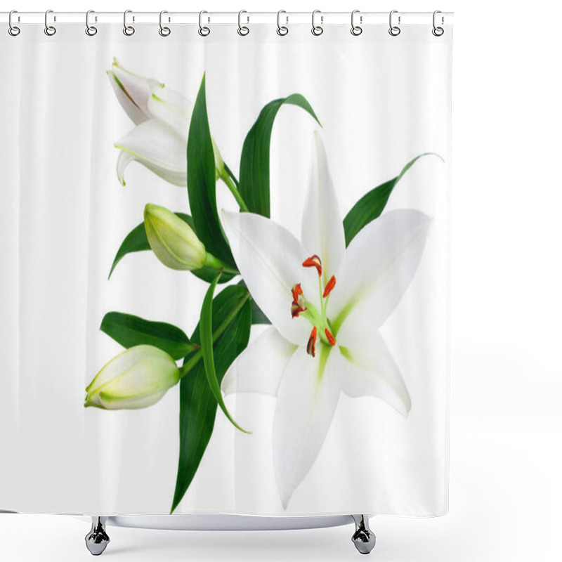 Personality  White Lily Flowers And Buds With Green Leaves On White Background Isolated Close Up, Lilies Bunch, Elegant Bouquet, Lillies Floral Pattern, Romantic Holiday Greeting Card, Wedding Invitation Design Shower Curtains