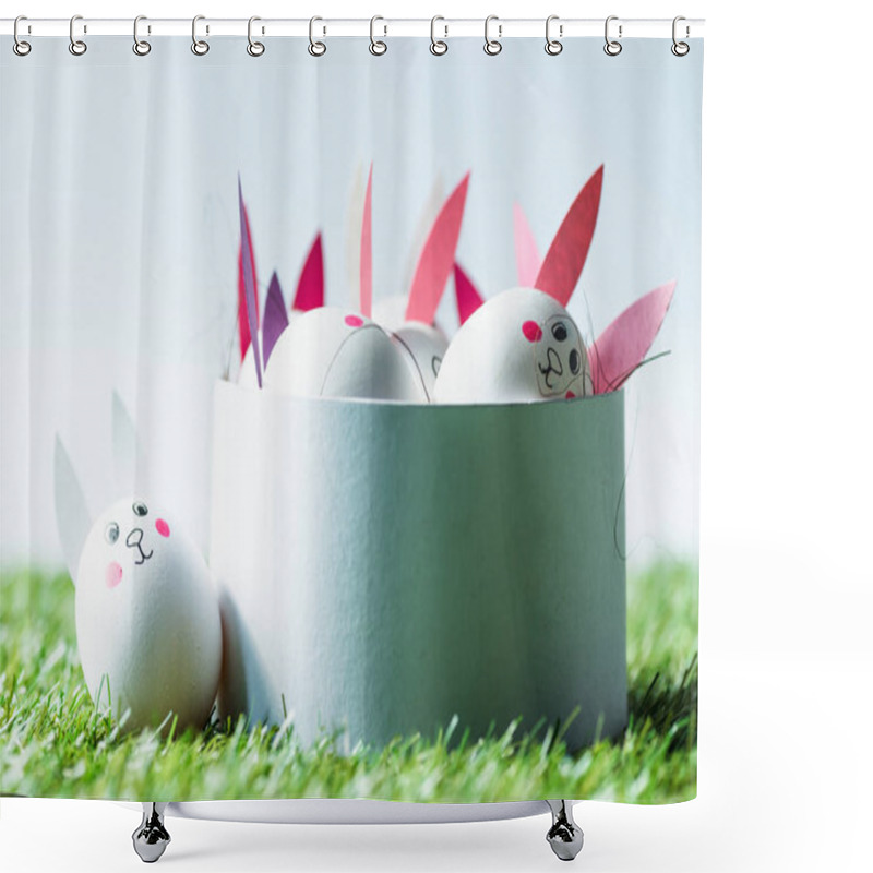 Personality  Box With Ester Eggs With Funny Bunny Faces And Paper Ears On White Shower Curtains