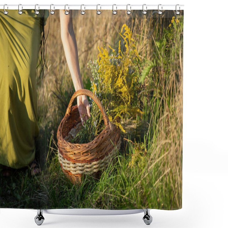 Personality  A Wicker Basket Stands On The Grass Full Of Field Herbs. Goldenrod And Winter Glory. Shower Curtains