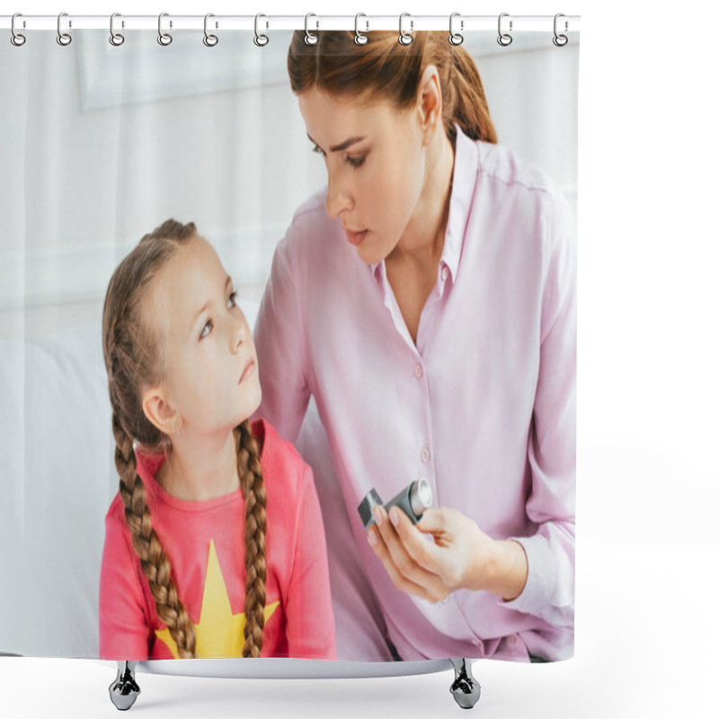 Personality  Worried Mother Giving Inhaler To Sad Daughter With Asthma  Shower Curtains