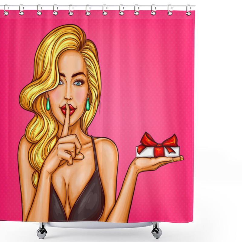 Personality  Vector Pop Art Illustration Of A Sexy Girl With Gift Box In Hand. Shower Curtains