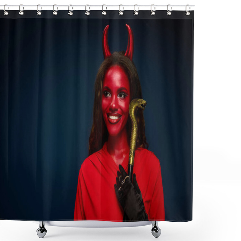 Personality  A Gorgeous Woman In A Devil Costume Smiles Happily. Shower Curtains