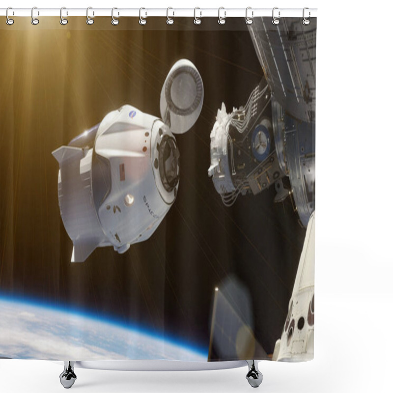 Personality  Docking Of The SpaceX Crew Dragon Ship With The International Space Station. USA. Elements Of This Image Furnished By NASA. Shower Curtains