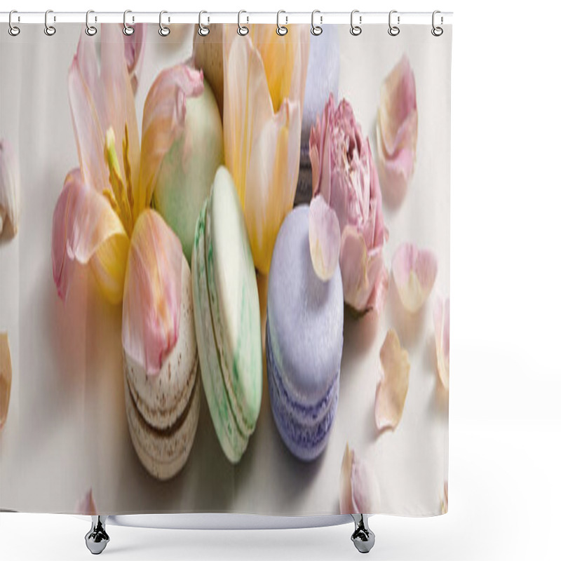 Personality  Assorted Delicious French Macaroons With Floral Petals On Grey Background, Panoramic Shot Shower Curtains