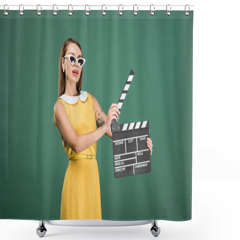 Personality  Beautiful Stylish Woman In Yellow Dress And Sunglasses Holding Film Clapperboard Isolated On Green Shower Curtains