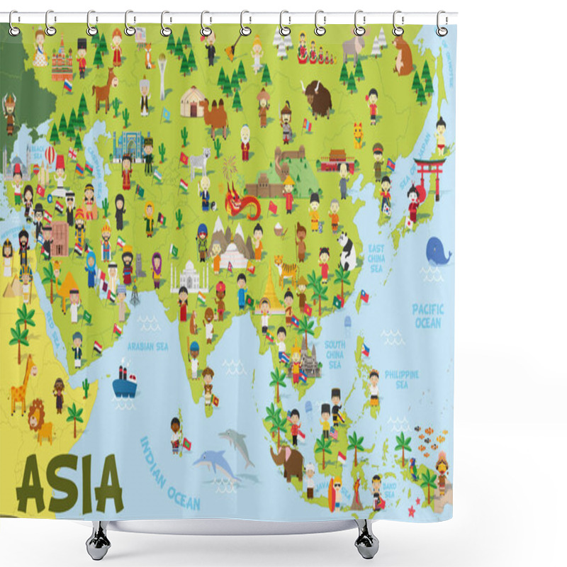 Personality  Funny Cartoon Map Of Asia With Childrens Of Different Nationalities, Representative Monuments, Animals And Objects Of All The Countries. Vector Illustration For Preschool Education And Kids Design. Shower Curtains